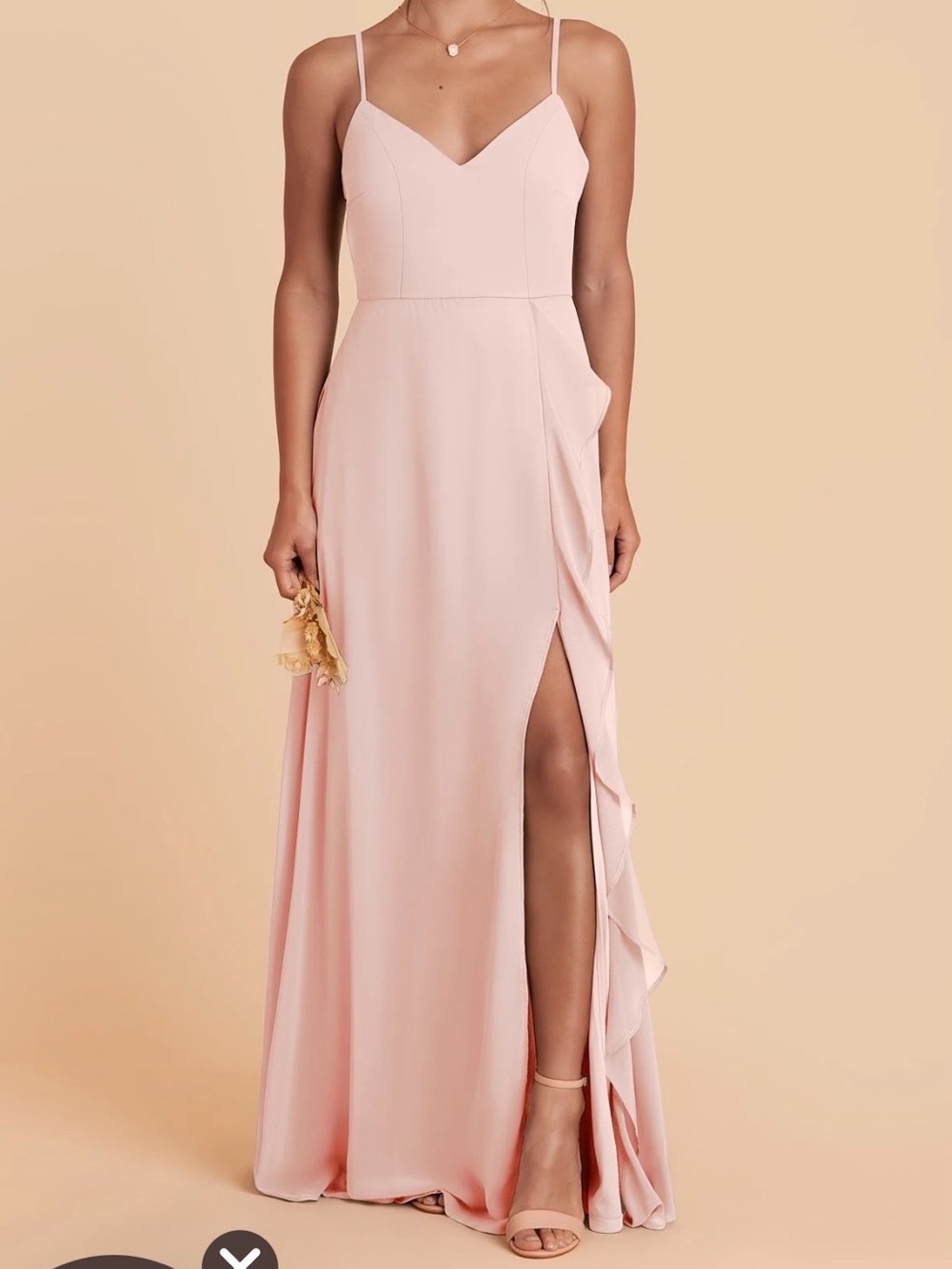 Blush Pink Spaghetti Strap Maxi Dress with Side Ruffle Slit